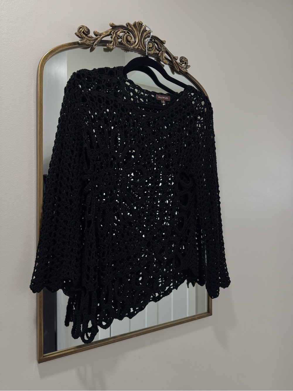 Multiples Black Crochet Open-Weave Poncho Sweater